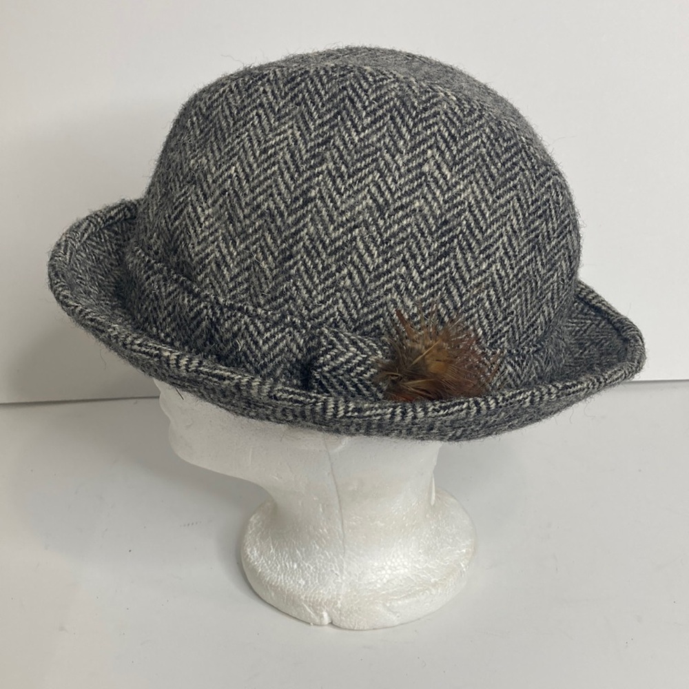 Vintage Harris Tweed Hat Mens 7 Gray Herringbone Wool Trilby Mad Men Made in UK